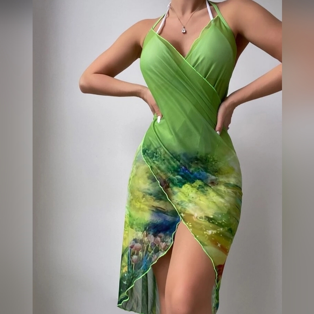 Figure Graphic Halter Tie Back Asymmetrical Hem Cover Up Dress